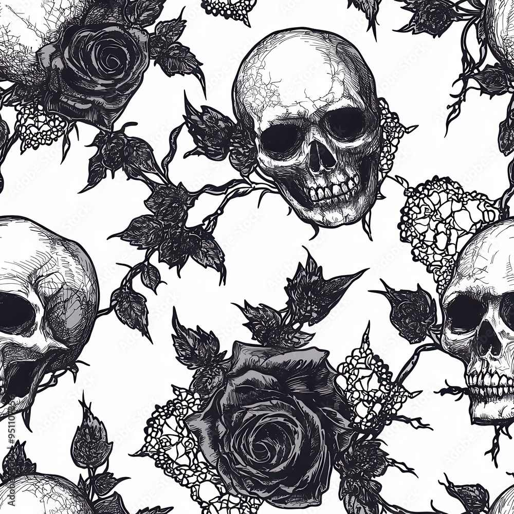 Fototapeta premium Intricate design featuring skulls and roses, perfect for gothic themes and artistic projects.