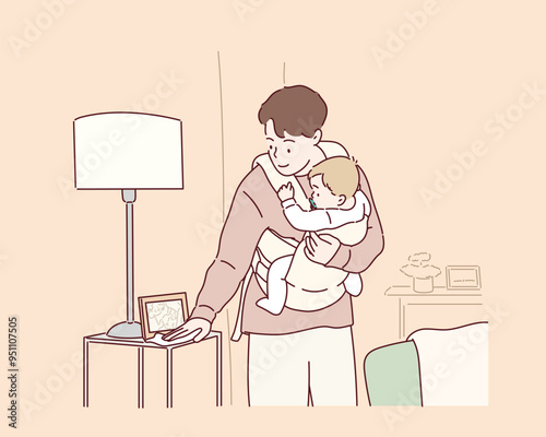 family, parenthood and people concept - father with crying little baby at home. Hand drawn style vector design illustrations.
