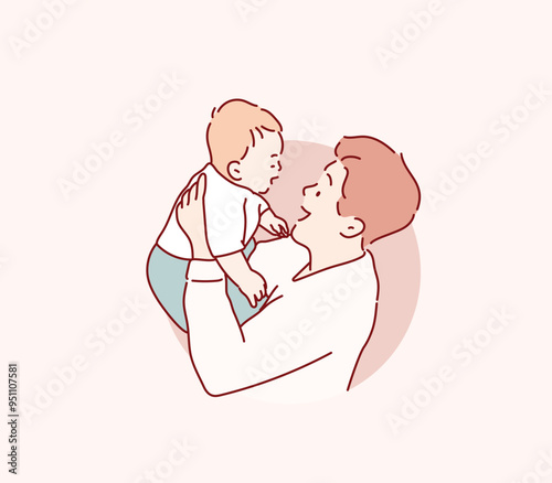 father lifting and playing with newborn baby. Hand drawn style vector design illustrations.