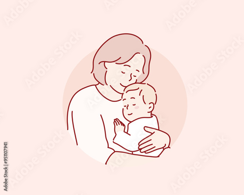  mother hugs her baby. Hand drawn style vector design illustrations.