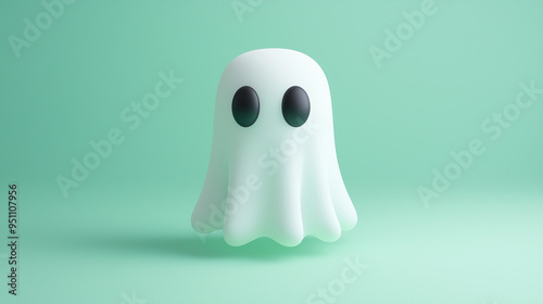 Halloween concept image: a small, simple cartoon ghost with a white sheet-like body and two large, black oval eyes