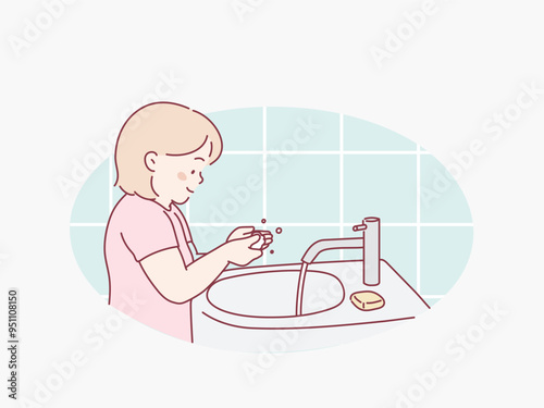 Side view of young preschool aged child washing hands with soap. Hand drawn style vector design illustrations.