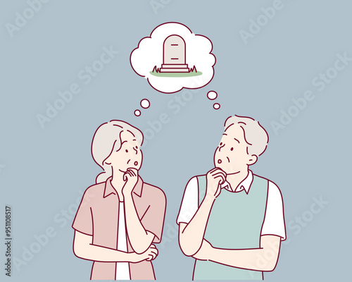 Senior couple thinking about  funeral. Hand drawn style vector design illustrations.