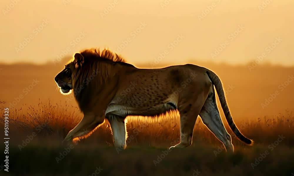 Golden Hour Prowl: A Lion Walking in the Sunset