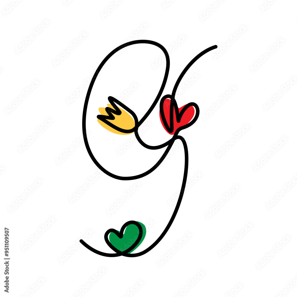 9 Hand drawn number with colorful hearts and tulip One continuous line. Springtime lettering nine 9 Hand drawn number with colorful hearts and tulip One continuous line. Springtime lettering nine