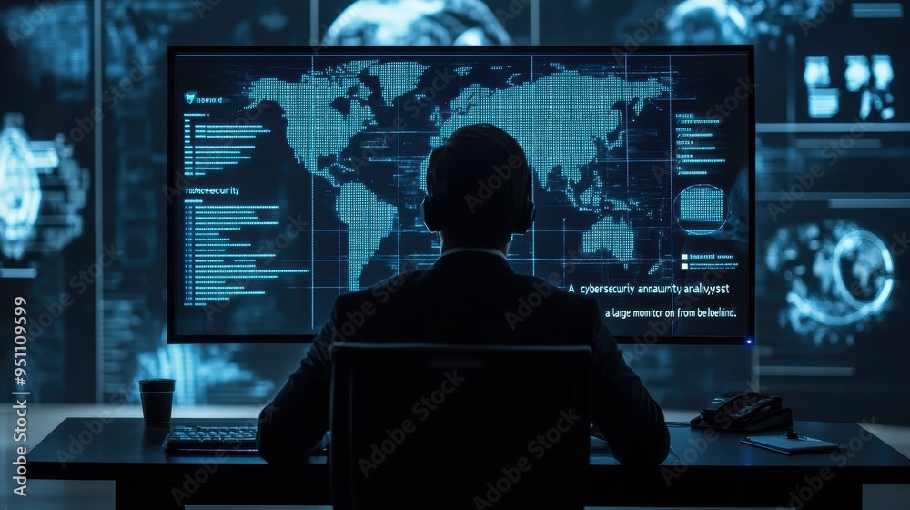 Silhouetted figure analyzing global data on a computerized interface Silhouetted figure analyzing global data on a computerized interface