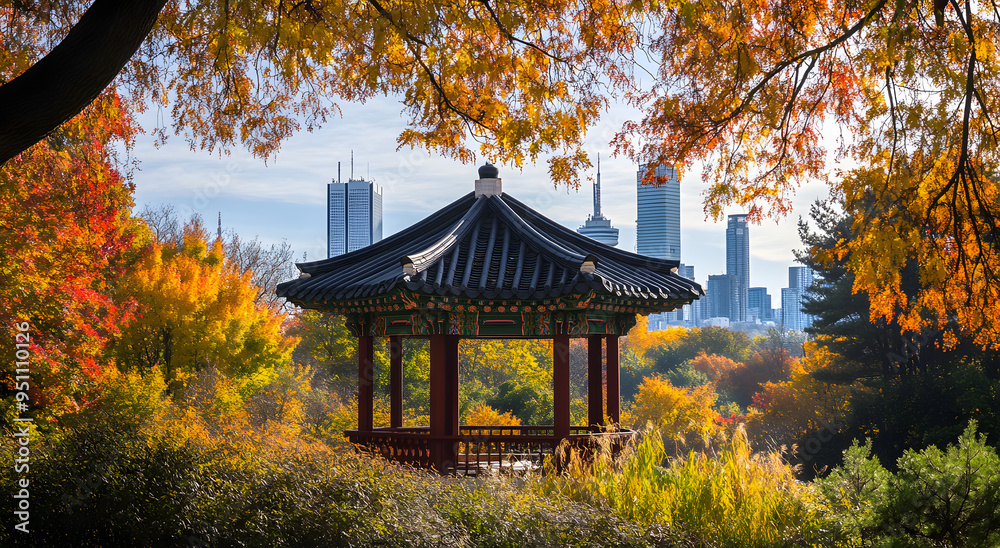 A Traditional Korean Pavilion Surrounded by Vibrant Autumn Foliage, Showcasing the Beauty of Seasonal Colors and Cultural Heritage, Perfect for Illustrating Korean Architecture, Autumn Landscapes, and A Traditional Korean Pavilion Surrounded by Vibrant Autumn Foliage, Showcasing the Beauty of Seasonal Colors and Cultural Heritage, Perfect for Illustrating Korean Architecture, Autumn Landscapes, and
