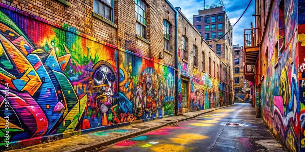 Naklejka premium Vivid and colorful graffiti art in an urban setting featuring walls covered in vibrant street art
