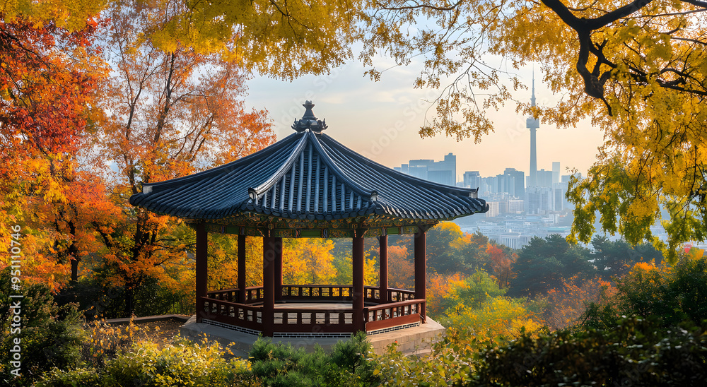 A Traditional Korean Pavilion Surrounded by Vibrant Autumn Foliage, Showcasing the Beauty of Seasonal Colors and Cultural Heritage, Perfect for Illustrating Korean Architecture, Autumn Landscapes, and A Traditional Korean Pavilion Surrounded by Vibrant Autumn Foliage, Showcasing the Beauty of Seasonal Colors and Cultural Heritage, Perfect for Illustrating Korean Architecture, Autumn Landscapes, and