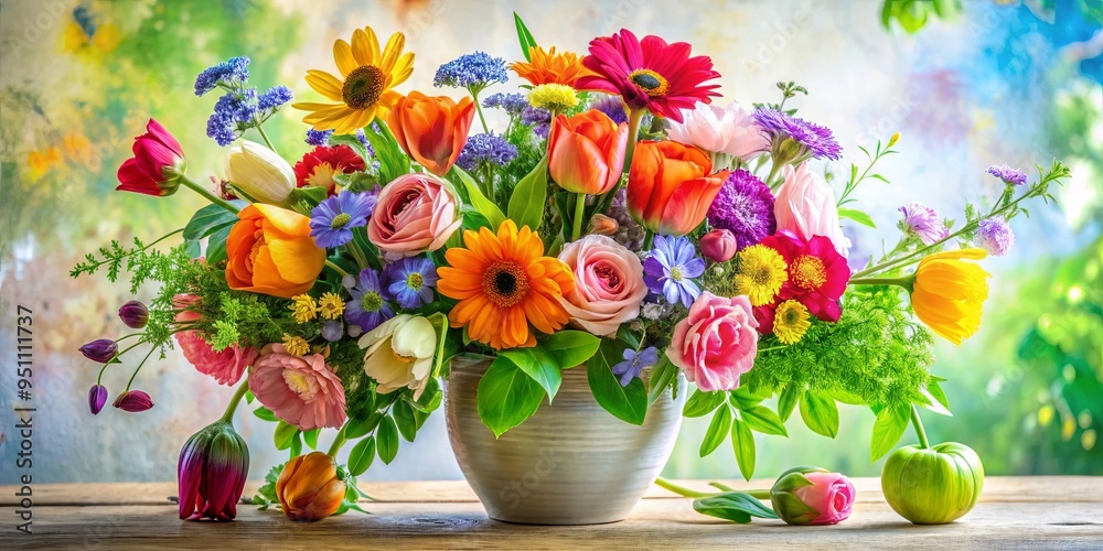 A vibrant painting of assorted flowers in a vase with lush green leaves on a white background A vibrant painting of assorted flowers in a vase with lush green leaves on a white background