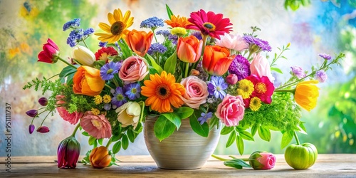 A vibrant painting of assorted flowers in a vase with lush green leaves on a white background