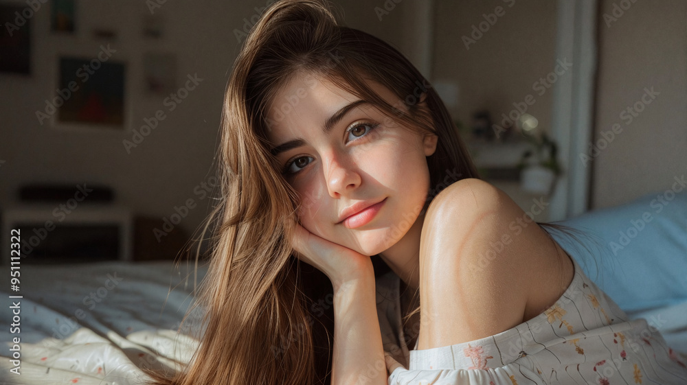 Young woman with long brown hair lying on a bed, resting her head on her hand, gazing softly at the camera in natural light Young woman with long brown hair lying on a bed, resting her head on her hand, gazing softly at the camera in natural light