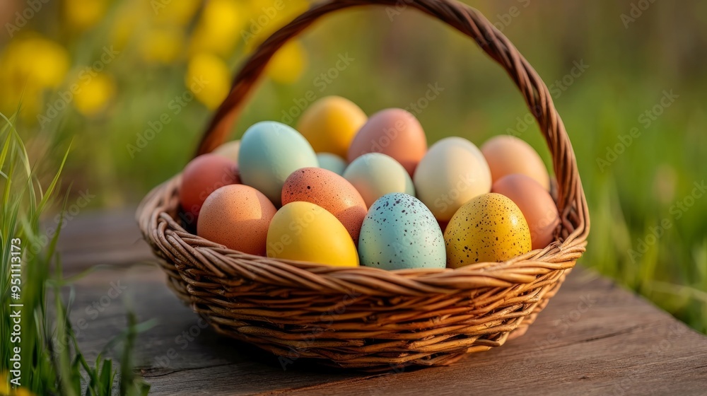 Basket of colorful chicken eggs on a wooden table in the chicken farm Basket of colorful chicken eggs on a wooden table in the chicken farm
