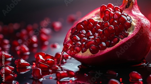 A half of red pomegranate with juice dripping down, lying on a dark background with scattered seeds. photo