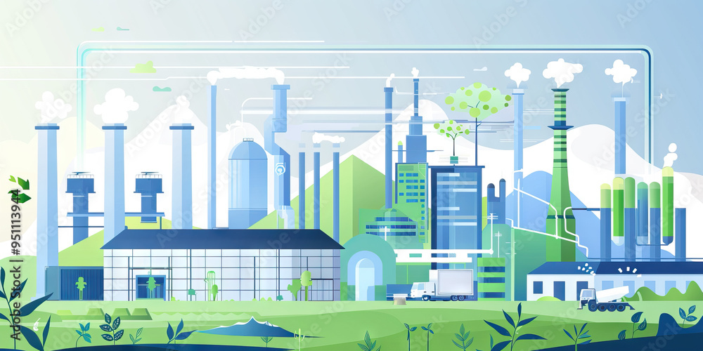Naklejka premium A minimalist infographic showcasing the growth of eco-friendly practices in various industries, using green and blue hues for emphasis.