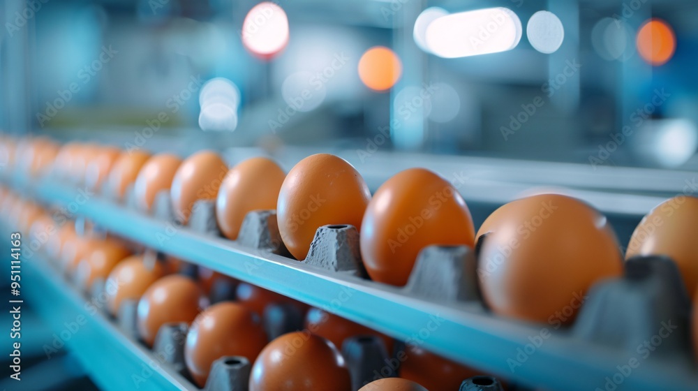 Eggs on conveyor belt in industrial production line Eggs on conveyor belt in industrial production line