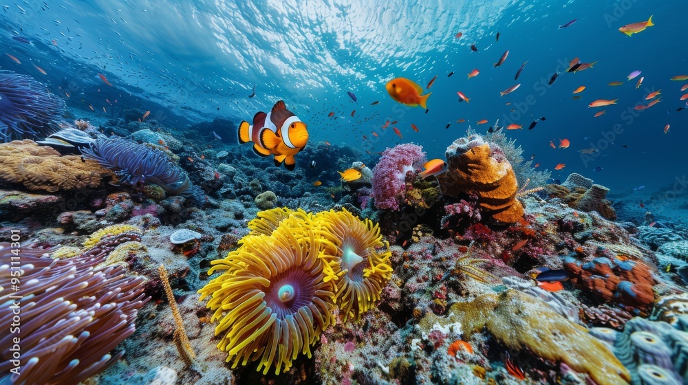 Fototapeta premium Diverse coral ecosystem featuring sponges, anemones, and vibrant reef fish in a serene underwater setting