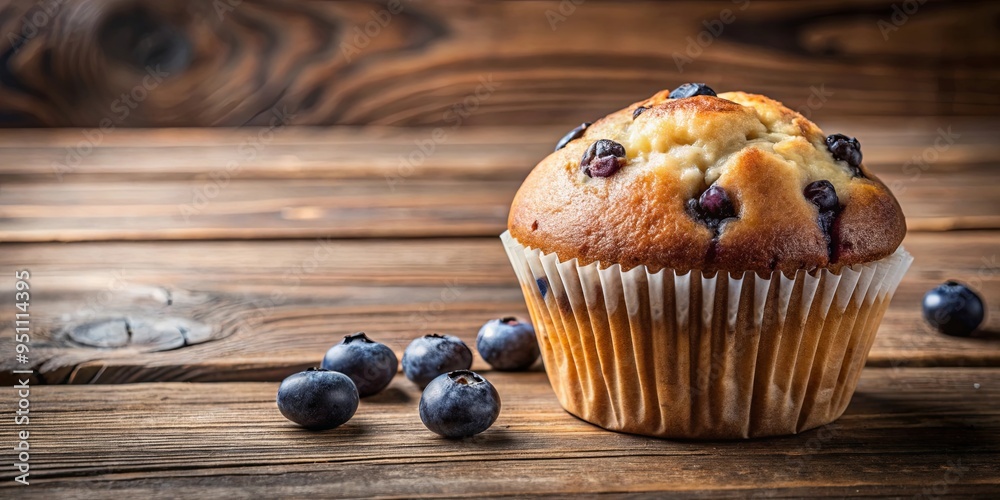 Freshly baked blueberry muffin on rustic wooden table Freshly baked blueberry muffin on rustic wooden table