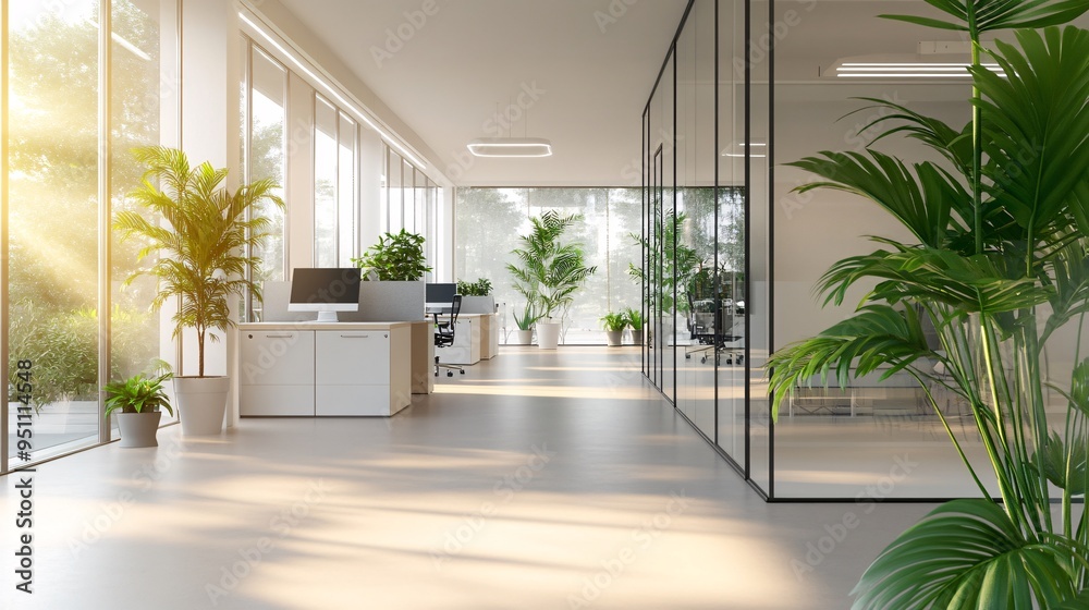 Modern Office with Glass Partitions and Abundant Greenery Modern Office with Glass Partitions and Abundant Greenery
