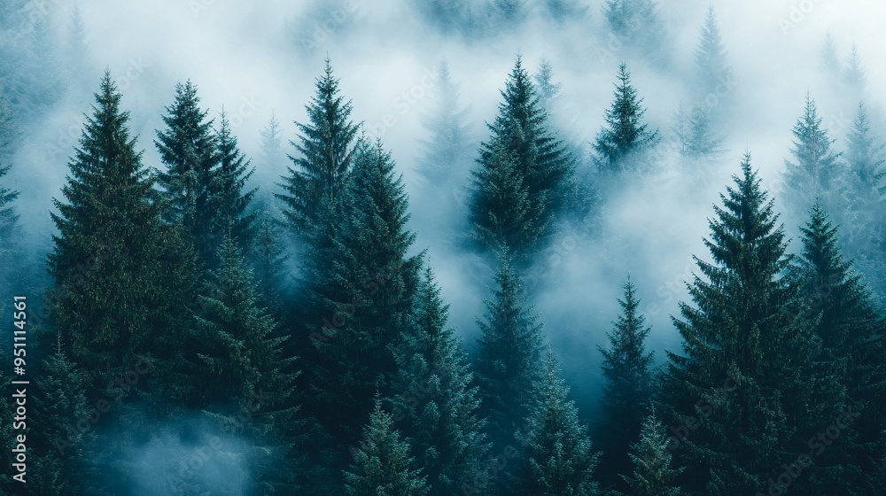 Misty Evergreen Forest with Dense Fog Misty Evergreen Forest with Dense Fog