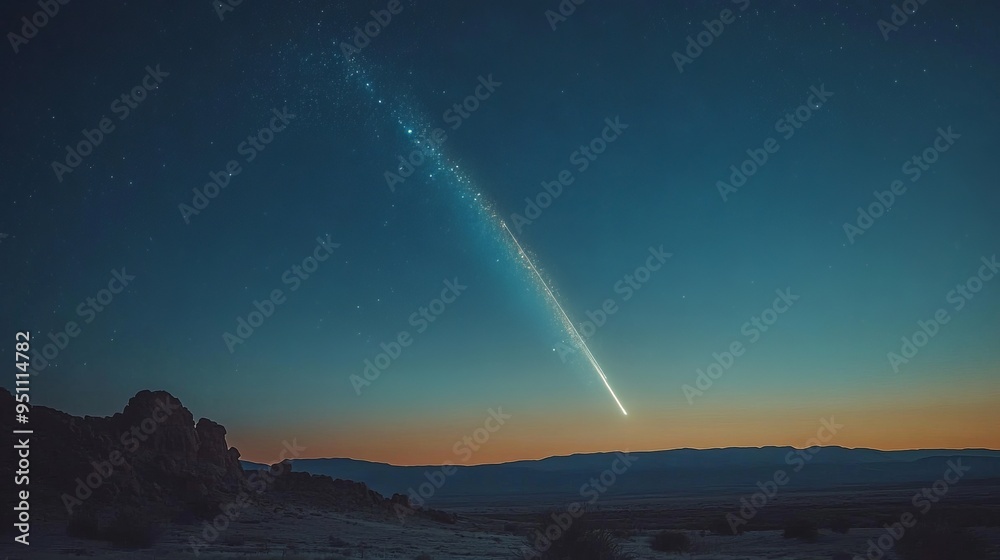 A shooting star streaks across the night sky with a beautiful Milky Way in the background over a silhouette of mountains. A shooting star streaks across the night sky with a beautiful Milky Way in the background over a silhouette of mountains.