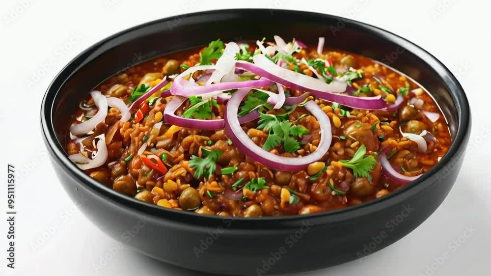 A plate of ropa vieja, the shredded beef simmered in a rich tomato sauce with bell peppers and olives, isolated on white background