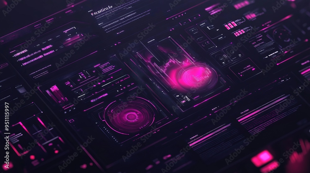 Abstract pink futuristic user interface design with digital data and charts on black background. Abstract pink futuristic user interface design with digital data and charts on black background.