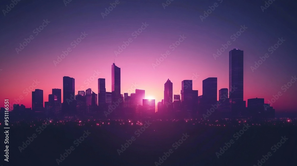 Fototapeta premium Cityscape at dusk with a purple sky.