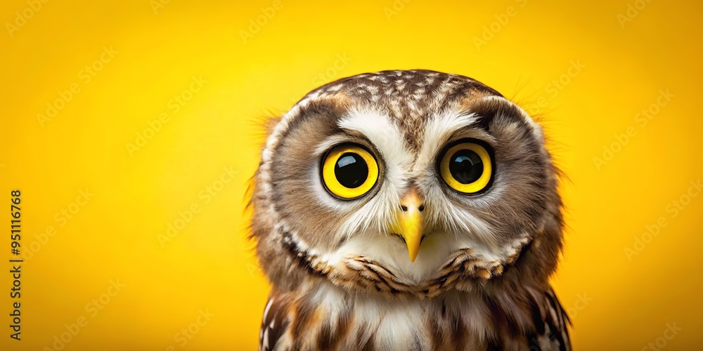 Obraz premium Adorable owl with big eyes on a vibrant yellow background