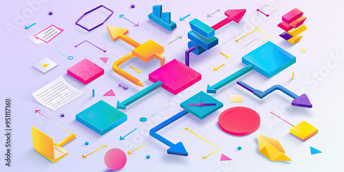 A colorful flowchart illustrating the various steps involved in project management, with arrows and shapes in bright hues for clarity.