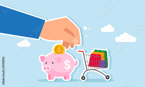 A businessman hand hesitates between a piggy bank and a shopping cart, Illustration concept of Choosing between saving money for investment or spending it on shopping