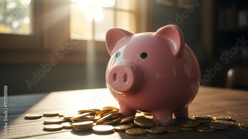 A shiny pink piggy bank sitting on a wooden table, surrounded by golden coins. Sunlight streams in through a nearby window