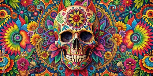 Colorful psychedelic poster featuring stylized skull with floral accents surrounded by abstract shapes and vibrant patterns evoking spirit of 1960s counterculture photo