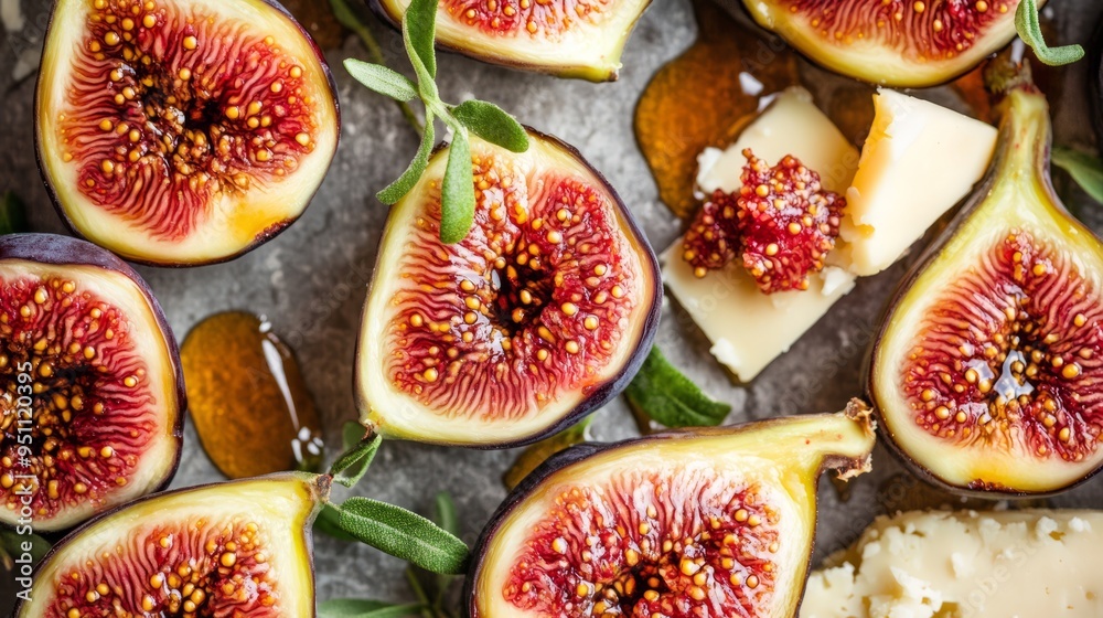 Close-up of sliced figs with honey and cheese on a grey background. Close-up of sliced figs with honey and cheese on a grey background.