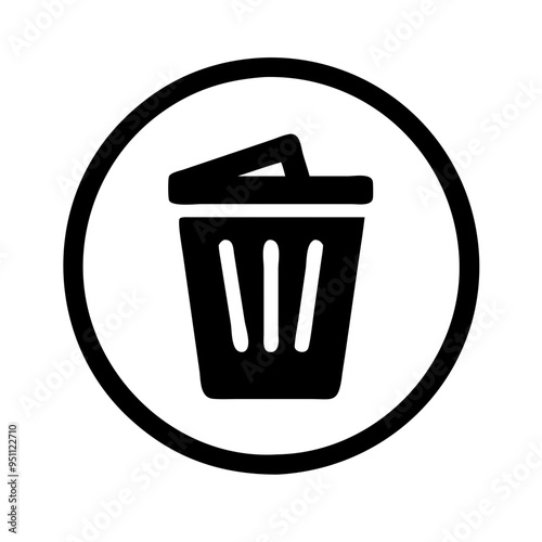  Circular Trash Icon: Simple black and white vector illustration of a trash can with paper inside, a common symbol for deleting or discarding unwanted items.