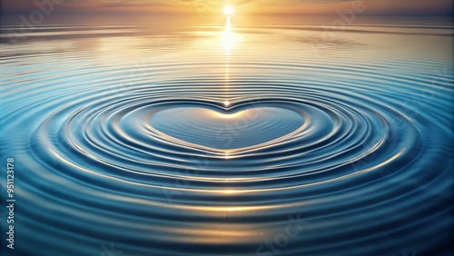 Delicate heart shaped ripples on serene water reflecting the warmth of a sunny day, symbolizing love and tranquility