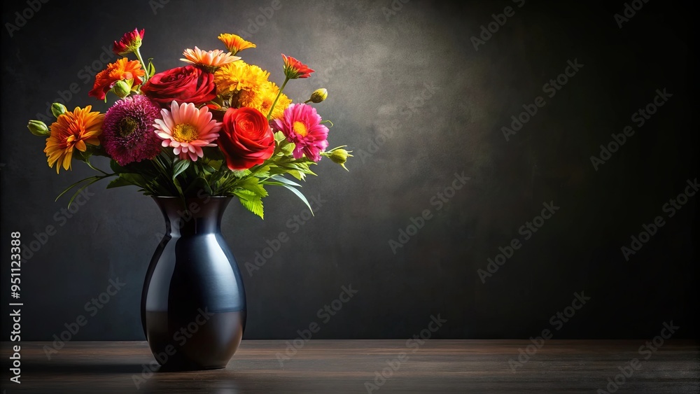 custom made wallpaper toronto digitalA modern black vase filled with colorful flowers on a sleek table against a black background