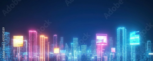 Urban skyline glowing with neon lights and animated digital billboards, neon cityscape, dynamic and high-tech atmosphere