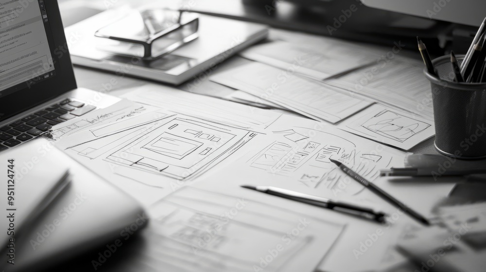 Hand drawn website sketches on a table, beside a laptop and pencils in a cup. Hand drawn website sketches on a table, beside a laptop and pencils in a cup.