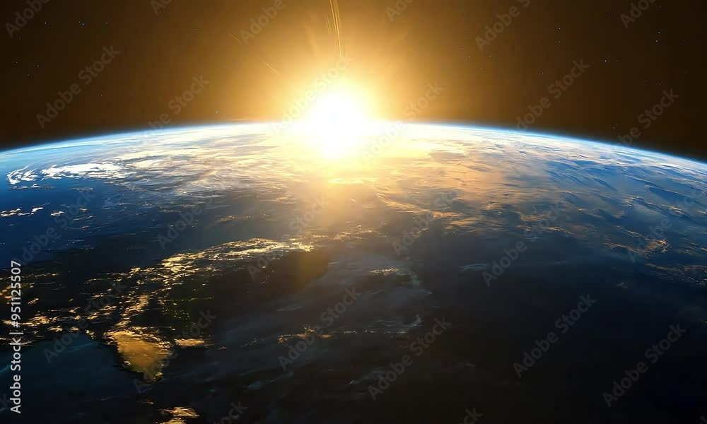 Stunning sunrise over Earth from space, illuminating the planet's surface Stunning sunrise over Earth from space, illuminating the planet's surface