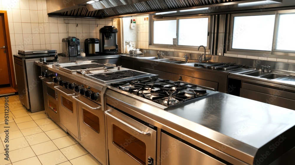A stainless steel commercial kitchen with a gas stove, ovens, and a sink. A stainless steel commercial kitchen with a gas stove, ovens, and a sink.