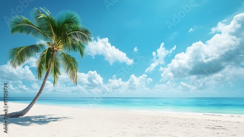 Beautiful white sand beach with coconut trees on a bright sunny day.