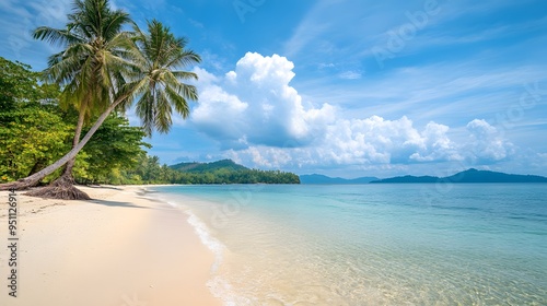 Beautiful white sand beach with coconut trees on a bright sunny day.