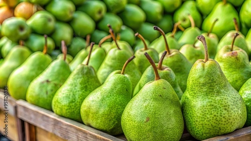 Fresh green Anjou pears on display at a farmer's market storefront photo