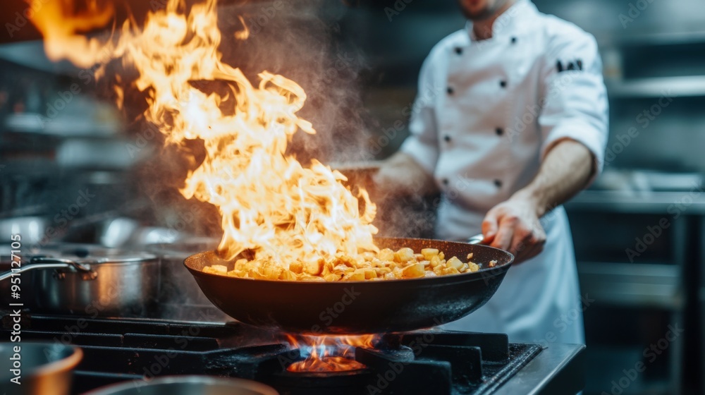 Chef cooking food on a stove with flames coming from the pan. Chef cooking food on a stove with flames coming from the pan.