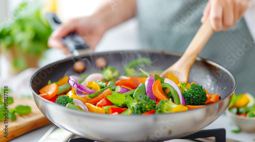 Vegetables stir fry cooking in a pan with colorful fresh ingredients like bell peppers and broccoli