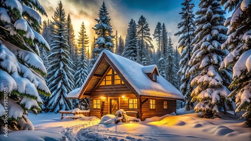 Cozy cabin in snowy winter wonderland surrounded by evergreen trees, warm glow from windows suggesting comfort and inviting ambiance