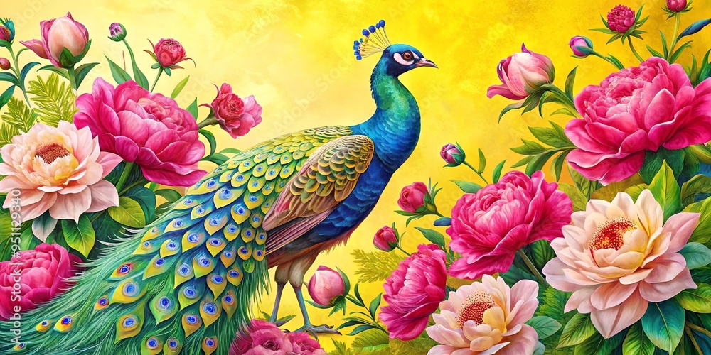 Fototapeta premium Vibrant painting of a peacock with pink peonies and a rose on a yellow background