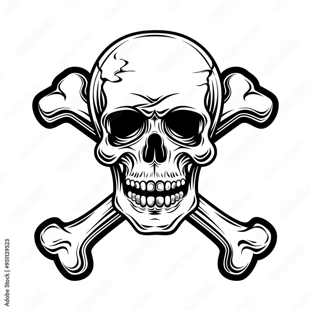 Skull with Crossbones Hand drawn, Skull silhouette vector illustration.
