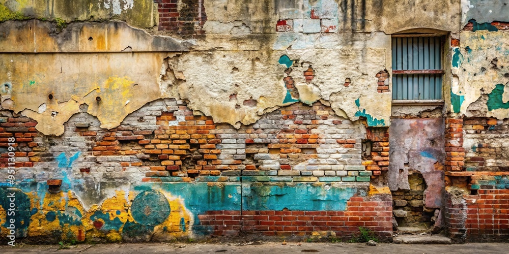 Old weathered wall with peeling paint and covered graffiti in urban setting Old weathered wall with peeling paint and covered graffiti in urban setting